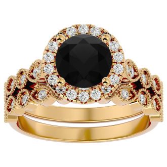 2 Carat Halo Black Diamond Bridal Set In 14 Karat Yellow Gold