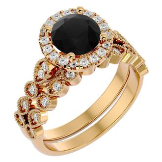 2 Carat Halo Black Diamond Bridal Set In 14 Karat Yellow Gold