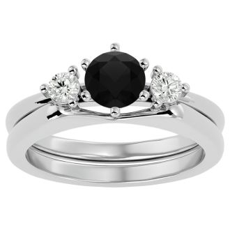 3/4 Carat Black Diamond Solitaire Ring With 1/5 Carat Enhancer In 14 Karat White Gold