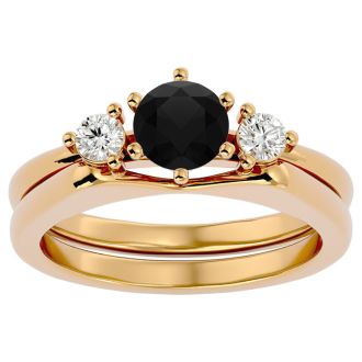 3/4 Carat Black Diamond Solitaire Ring With 1/5 Carat Enhancer In 14 Karat Yellow Gold