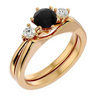 3/4 Carat Black Diamond Solitaire Ring With 1/5 Carat Enhancer In 14 Karat Yellow Gold