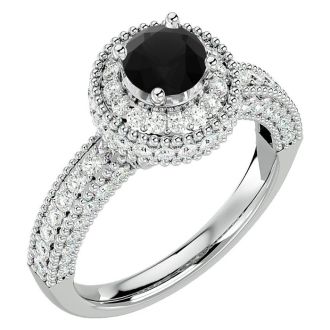 1 3/4 Carat Black Diamond Halo Engagement Ring In 14 Karat White Gold