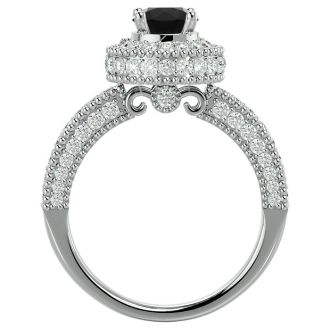 1 3/4 Carat Black Diamond Halo Engagement Ring In 14 Karat White Gold