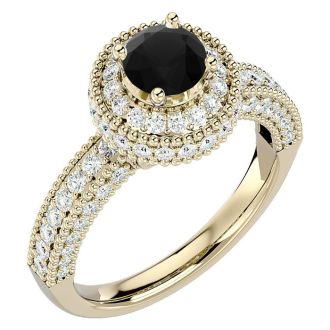 1 3/4 Carat Black Diamond Halo Engagement Ring In 14 Karat Yellow Gold