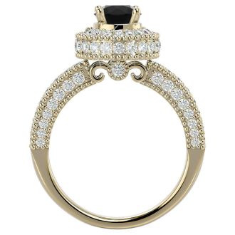 1 3/4 Carat Black Diamond Halo Engagement Ring In 14 Karat Yellow Gold