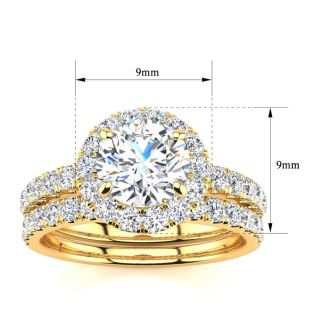 Moissanite Engagement Ring; 2 Carat Round Moissanite Halo Bridal Set In 14 Karat Yellow Gold