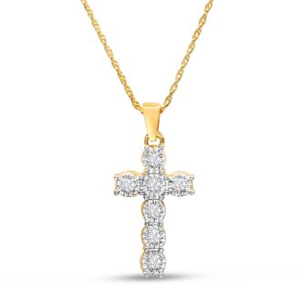 1/10 Carat Diamond Cross Necklace In Yellow Gold Over Sterling Silver, 17 Inches