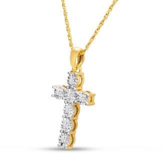 1/10 Carat Diamond Cross Necklace In Yellow Gold Over Sterling Silver, 17 Inches