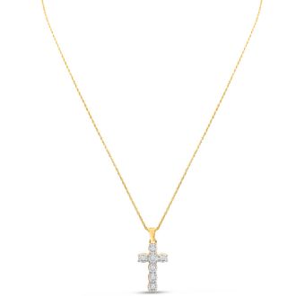 1/10 Carat Diamond Cross Necklace In Yellow Gold Over Sterling Silver, 17 Inches