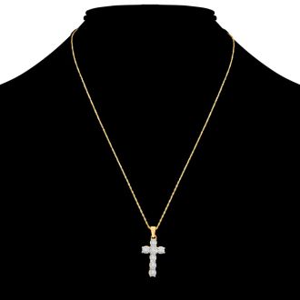 1/10 Carat Diamond Cross Necklace In Yellow Gold Over Sterling Silver, 17 Inches