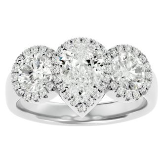 2 1/2 Carat Pear Shape Halo Lab Grown Diamond Three Stone Ring In 14 Karat White Gold