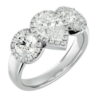 2 1/2 Carat Pear Shape Halo Lab Grown Diamond Three Stone Ring In 14 Karat White Gold