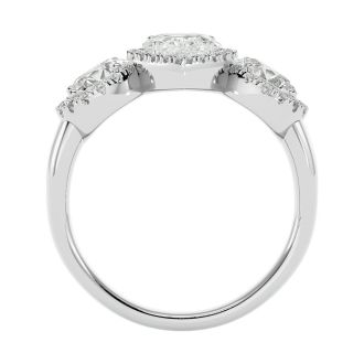 2 1/2 Carat Pear Shape Halo Lab Grown Diamond Three Stone Ring In 14 Karat White Gold