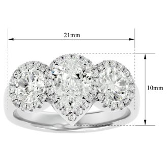 2 1/2 Carat Pear Shape Halo Lab Grown Diamond Three Stone Ring In 14 Karat White Gold