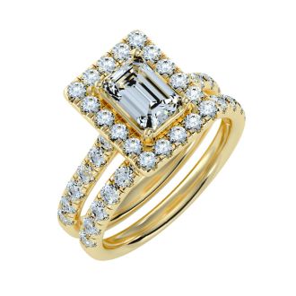 3 Carat Emerald Cut Halo Lab Grown Diamond Bridal Set In 14 Karat Yellow Gold