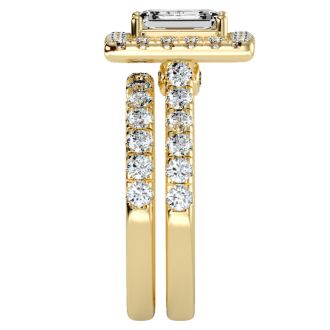 3 Carat Emerald Cut Halo Lab Grown Diamond Bridal Set In 14 Karat Yellow Gold