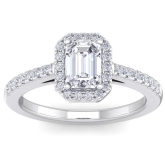 1 1/2 Carat Emerald Cut Halo Lab Grown Diamond Engagement Ring In 14K White Gold