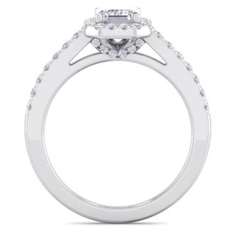 1 1/2 Carat Emerald Cut Halo Lab Grown Diamond Engagement Ring In 14K White Gold