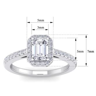 1 1/2 Carat Emerald Cut Halo Lab Grown Diamond Engagement Ring In 14K White Gold