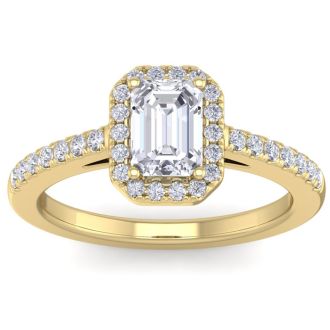 1 1/2 Carat Emerald Cut Halo Lab Grown Diamond Engagement Ring In 14K Yellow Gold