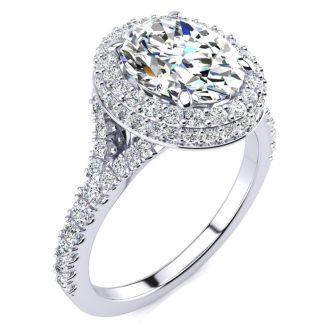 2 Carat Oval Shape Halo Lab Grown Diamond Engagement Ring With 1 1/2 Carat Center Lab Grown Diamond In 14K White Gold