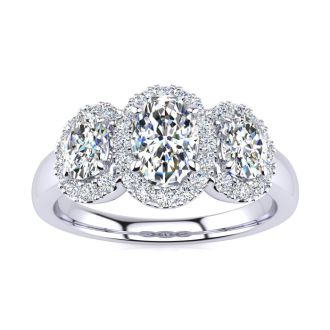 1 1/4 Carat Oval Shape Halo Lab Grown Diamond Three Stone Ring In 14K White Gold