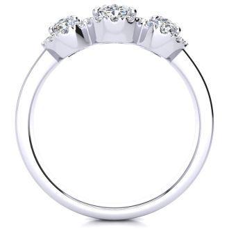 1 1/4 Carat Oval Shape Halo Lab Grown Diamond Three Stone Ring In 14K White Gold