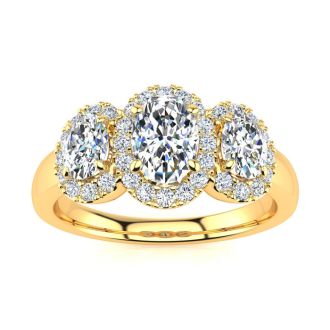 1 1/4 Carat Oval Shape Halo Lab Grown Diamond Three Stone Ring In 14K Yellow Gold