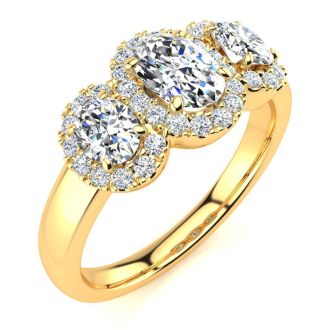 1 1/4 Carat Oval Shape Halo Lab Grown Diamond Three Stone Ring In 14K Yellow Gold