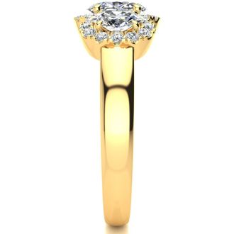 1 1/4 Carat Oval Shape Halo Lab Grown Diamond Three Stone Ring In 14K Yellow Gold