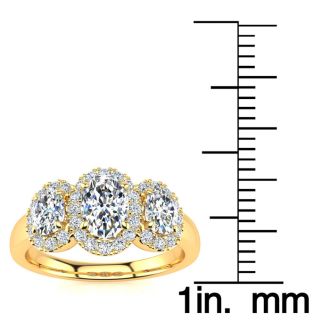 1 1/4 Carat Oval Shape Halo Lab Grown Diamond Three Stone Ring In 14K Yellow Gold