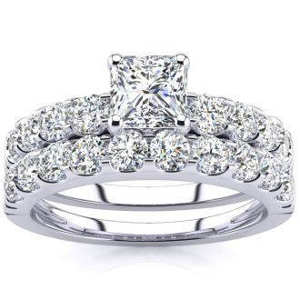 2 Carat Princess Center Engagement Ring and Wedding Band Set In 14K White Gold