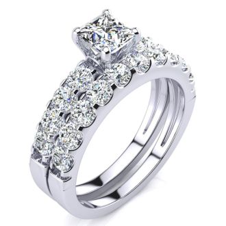 2 Carat Princess Center Engagement Ring and Wedding Band Set In 14K White Gold