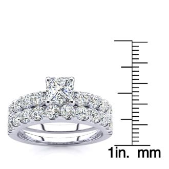 2 Carat Princess Center Engagement Ring and Wedding Band Set In 14K White Gold