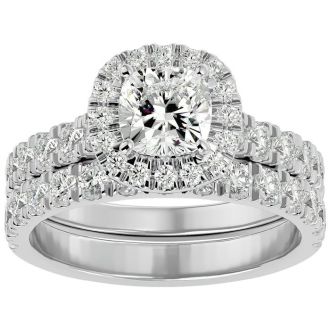 2 1/4 Carat Cushion Cut Halo Lab Grown Diamond Bridal Set In 14 Karat White Gold