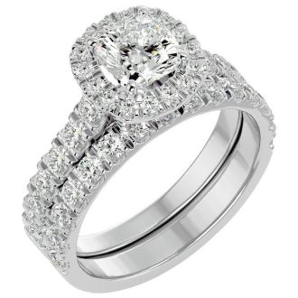 2 1/4 Carat Cushion Cut Halo Lab Grown Diamond Bridal Set In 14 Karat White Gold