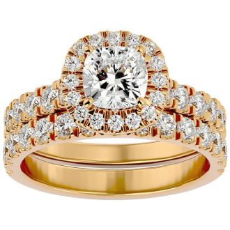 2 1/4 Carat Cushion Cut Halo Lab Grown Diamond Bridal Set In 14 Karat Yellow Gold