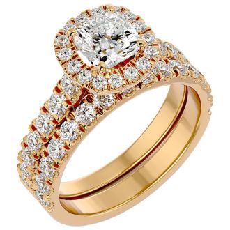 2 1/4 Carat Cushion Cut Halo Lab Grown Diamond Bridal Set In 14 Karat Yellow Gold