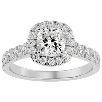 2 Carat Cushion Cut Halo Lab Grown Diamond Engagement Ring In 14 Karat White Gold