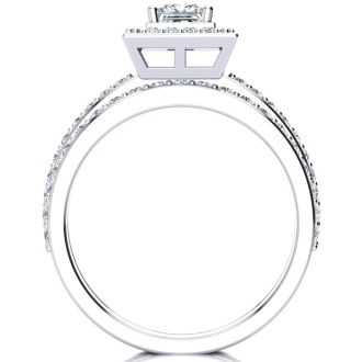 1 Carat Princess Cut Pave Halo Lab Grown Diamond Bridal Set in 14k White Gold
