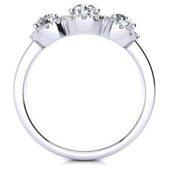 1 Carat Round Shape Halo Lab Grown Diamond Three Stone Ring In 14K White Gold