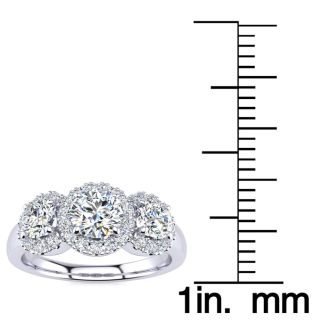 1 Carat Round Shape Halo Lab Grown Diamond Three Stone Ring In 14K White Gold