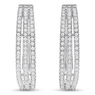 1 Carat Triple Row Diamond Hoop Earrings In Sterling Silver, 1 Inch