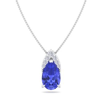 7/8 Carat Pear Shape Tanzanite and Diamond Necklace In 14 Karat White Gold, 18 Inches