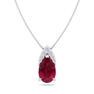 7/8 Carat Pear Shape Ruby and Diamond Necklace In 14 Karat White Gold, 18 Inches