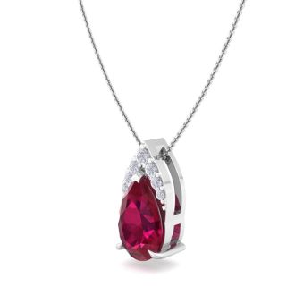 7/8 Carat Pear Shape Ruby and Diamond Necklace In 14 Karat White Gold, 18 Inches