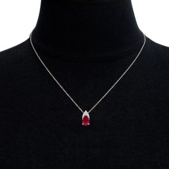 7/8 Carat Pear Shape Ruby and Diamond Necklace In 14 Karat White Gold, 18 Inches