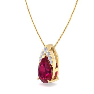 7/8 Carat Pear Shape Ruby and Diamond Necklace In 14 Karat Yellow Gold, 18 Inches