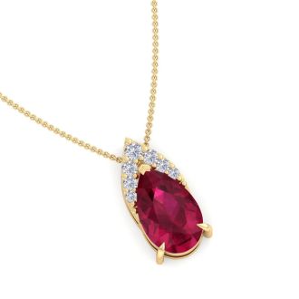 7/8 Carat Pear Shape Ruby and Diamond Necklace In 14 Karat Yellow Gold, 18 Inches
