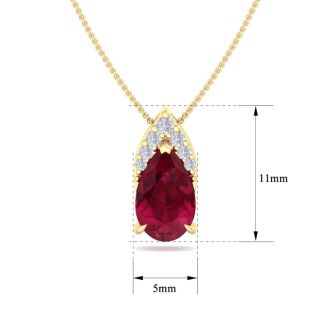 7/8 Carat Pear Shape Ruby and Diamond Necklace In 14 Karat Yellow Gold, 18 Inches